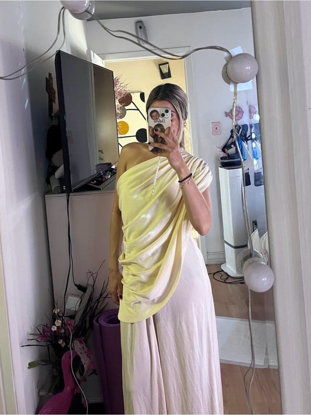 Soft Yellow One-Shoulder Draped Dress